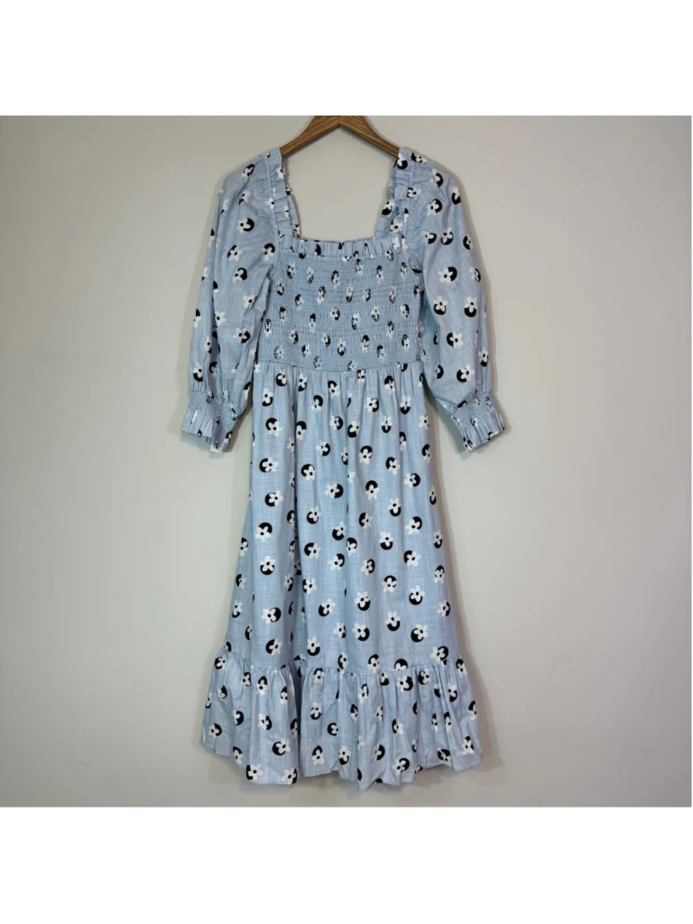 KATE SPADE NEW YORK Floral Dot Smocked Midi Dress Light Blue Size Small NWT